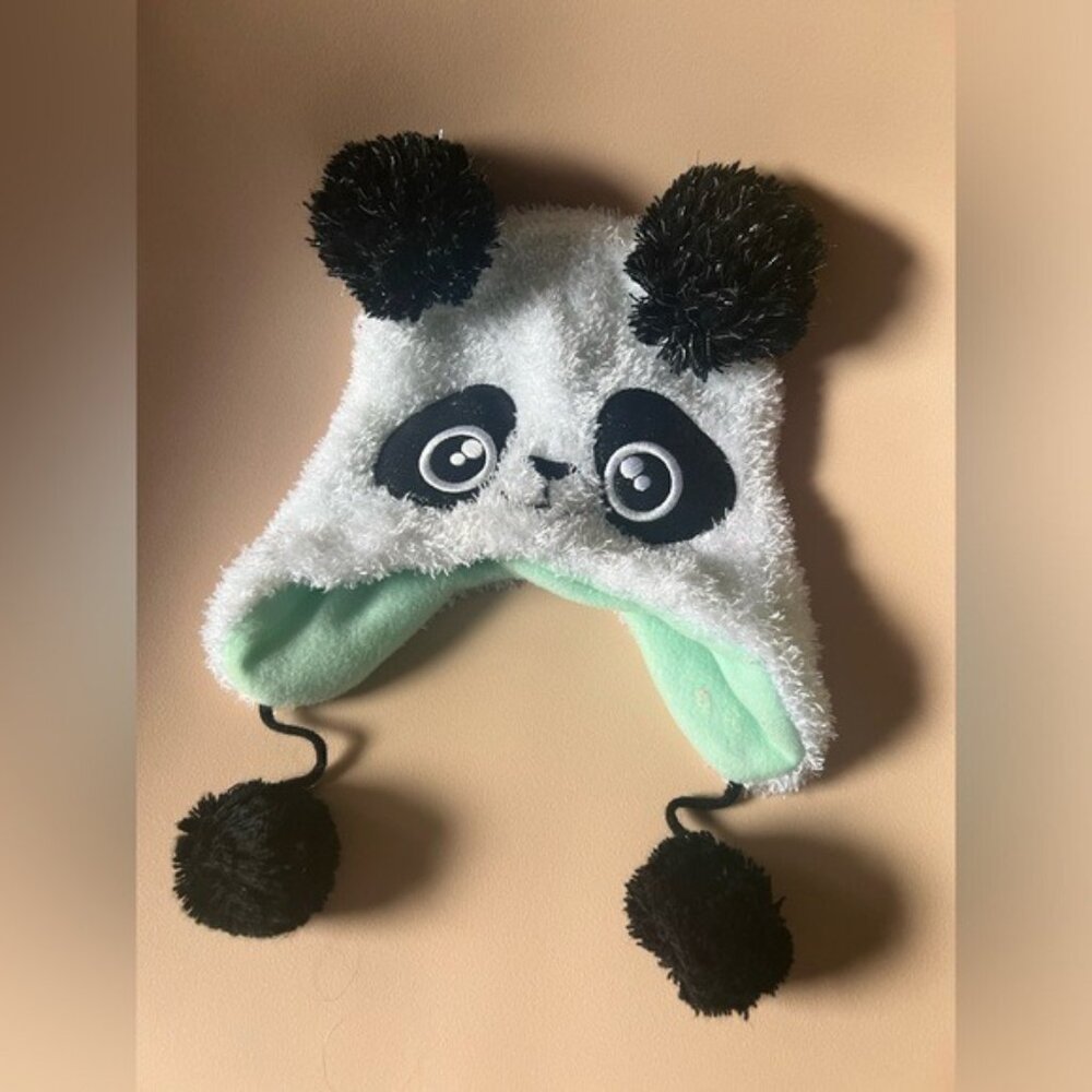 Kids Fuzzy Panda Winter Hat with Pom Ears Fleece Lined One Size